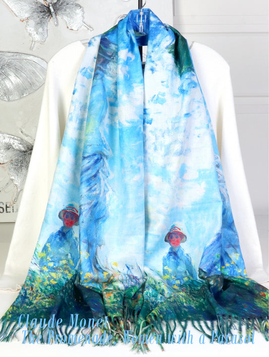 Cherie Bliss Monet Women w/a Parasol Oil Painting Double Sided Printed Scarf SF202507