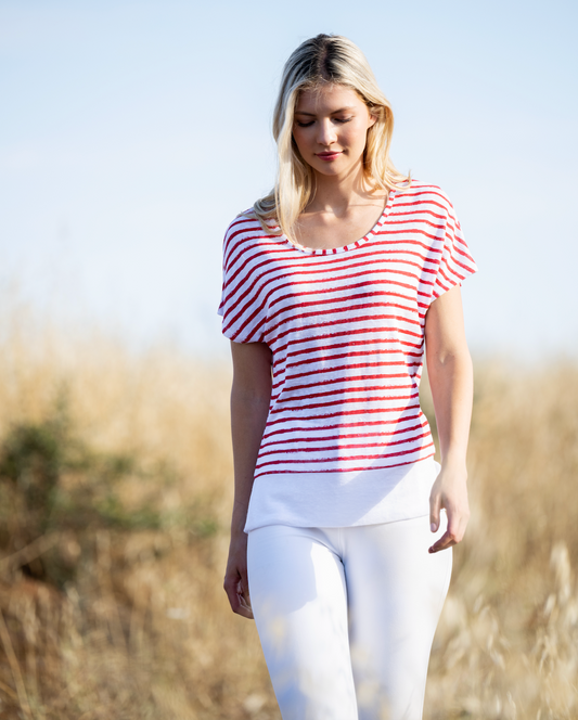 Marble Striped Round Neck T-Shirt Red/White 7370-109