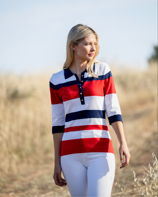 Marble 3/4 Sleeve Striped Polo Top Red 7302-109