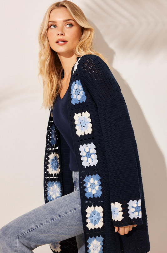 Charlie B Cotton Crochet Border Cardigan Navy C2789-833B-117