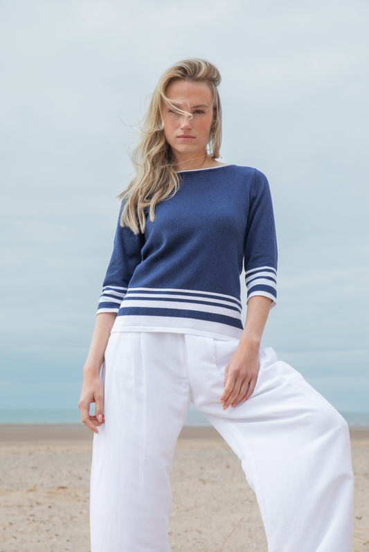 Marble Boatneck Sweater w/ Elbow Length Sleeves Navy 7826-103