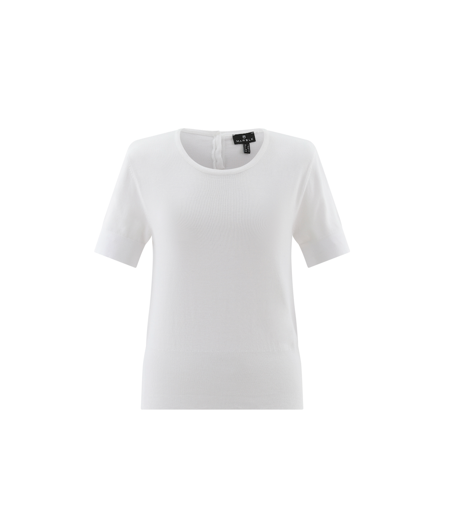 Marble Round Neck Short Sleeve Sweater w/ Buttons at Back Neck White 7512-102