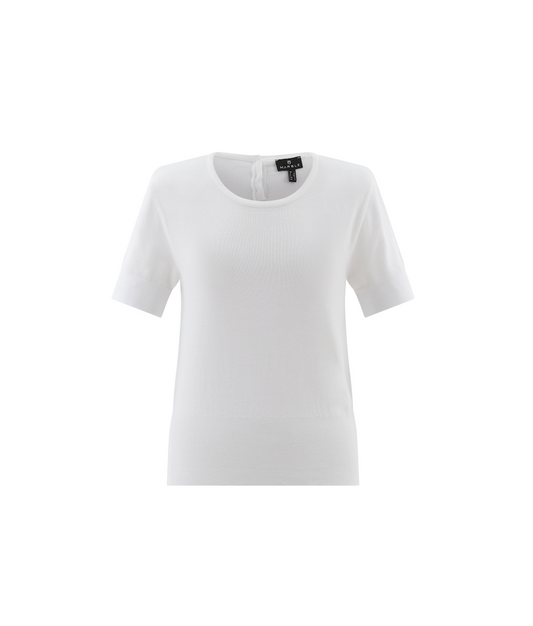 Marble Round Neck Short Sleeve Sweater w/ Buttons at Back Neck White 7512-102