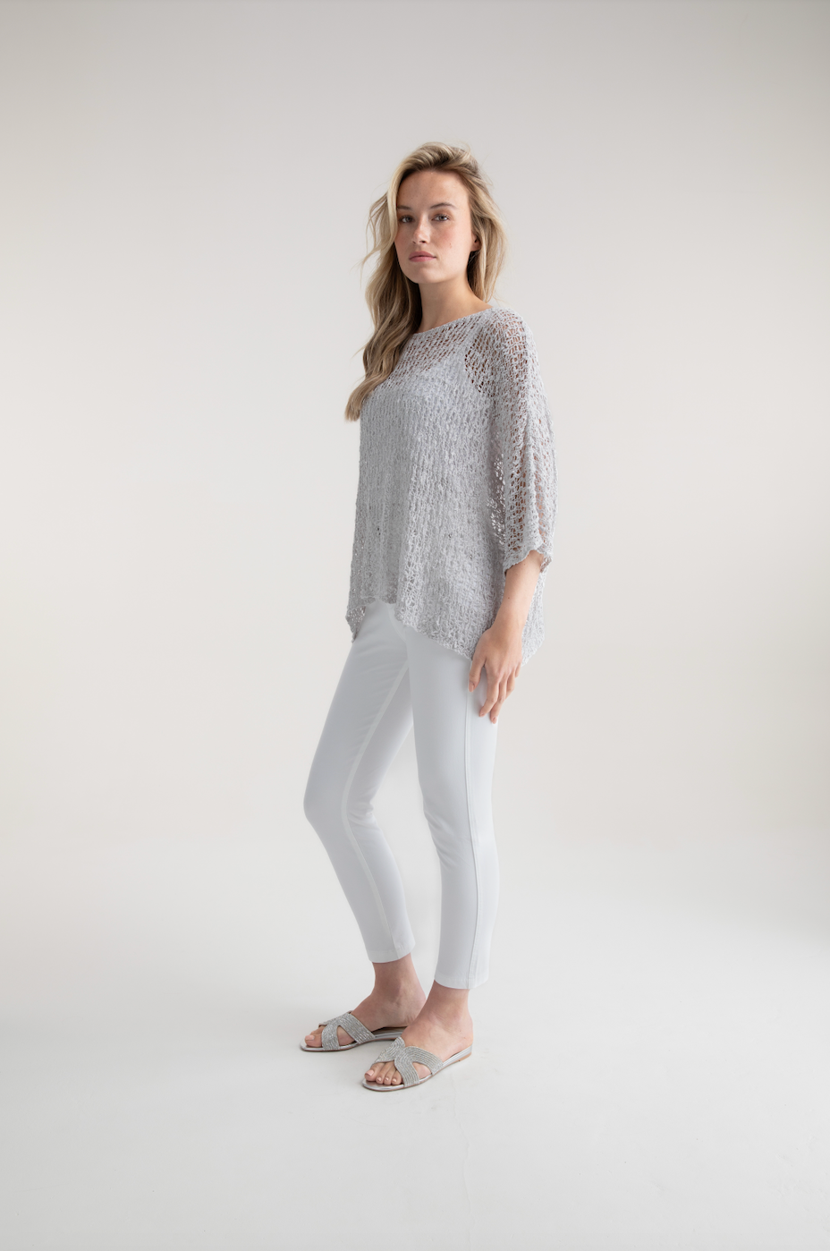 Marble Oversized Loose Knit Sweater w/ Elbow Length Sleeves Silver 5186-106
