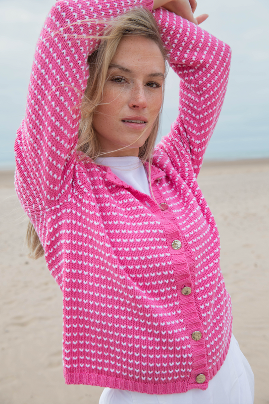 Marble Button Front Cardigan w/ Contrast Loop Stitch Detail Pink 7880-194