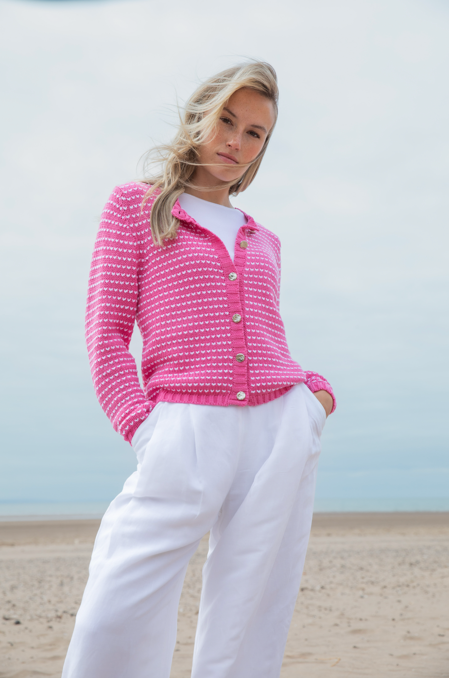 Marble Button Front Cardigan w/ Contrast Loop Stitch Detail Pink 7880-194