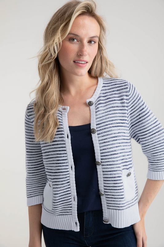 Marble Button Front Cardigan w/ Patch Pockets White 7875-102