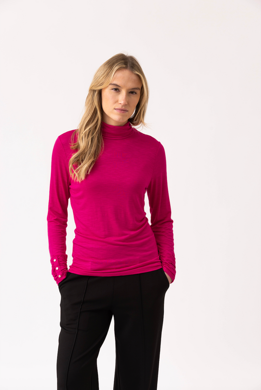 Marble Classic Fit Polo Neck Top w/Ruch Cuff & Branded Button Detail Fuchsia 6400-126