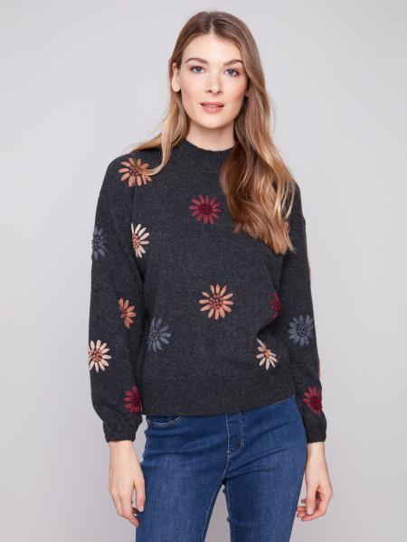 Charlie B Mock Neck Sweater w/Embroidery H. Charcoal C2689E-433C-030