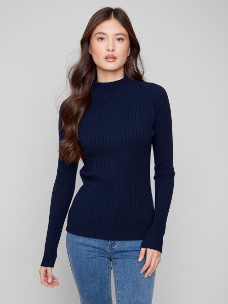 Charlie B Ribbed Knit Mock Neck Sweater Navy C2754R-077C-117