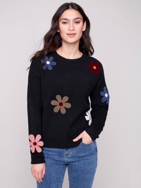 Charlie B Super Plush Sweater w/Boucle Flowers Black C2829-736A-P001