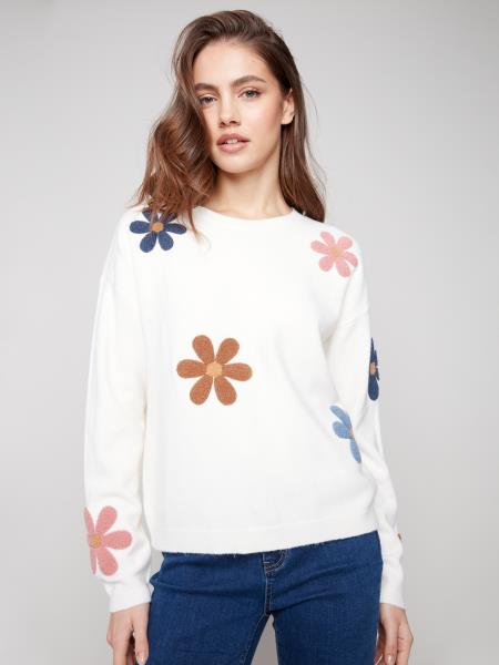 Charlie B Super Plush Sweater w/Boucle Flowers Ecru C2829-736A-P276