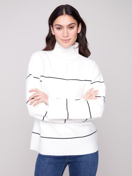 Charlie B Yarn Dye Mock Neck Striped Sweater Ecru C2870-974A-P276