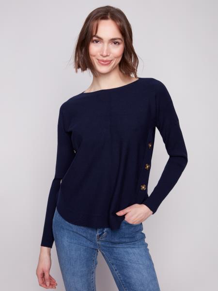 Charlie B Boat Neck Sweater w/Side Buttons Detail Navy C2871-464A-117