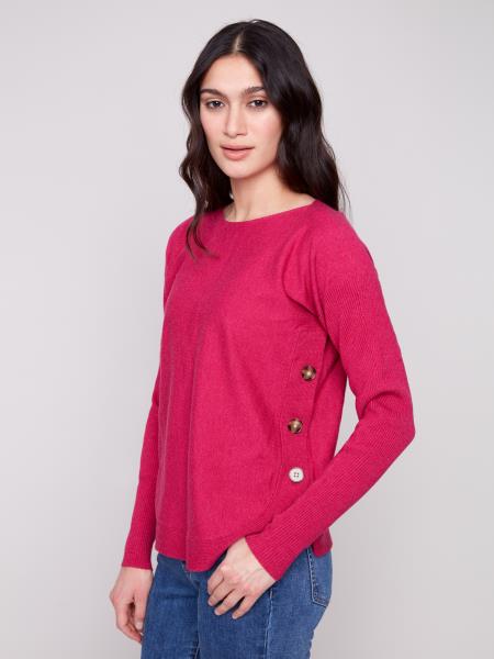 Charlie B Boat Neck Sweater w/Side Buttons Detail H. Hibiscus C2871-464A-944