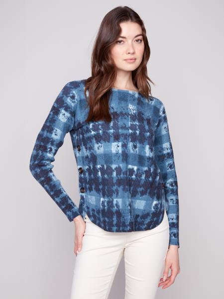 Charlie B Boat Neck Sweater w/Side Buttons Detail Shadow C2871P-464A-958