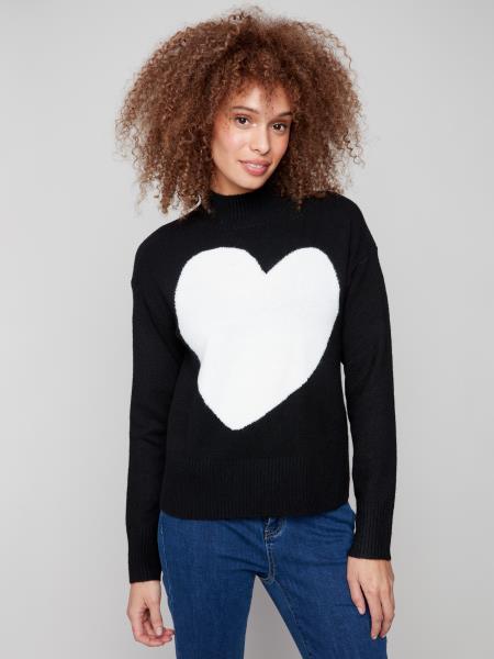 Charlie B Intarsia Heart Mock Neck Sweater Black C2896-383C-P001