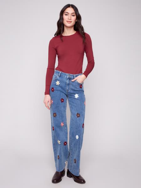Charlie B Wide Leg Stretch Denim Pants w/Flower Patches Medium Blue C5665-431A-156