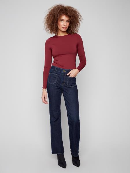 Charlie B Flare Leg Stretch Denim Pants w/Patch Pockets & Special Rivets Deep Blue C5687-437C-910
