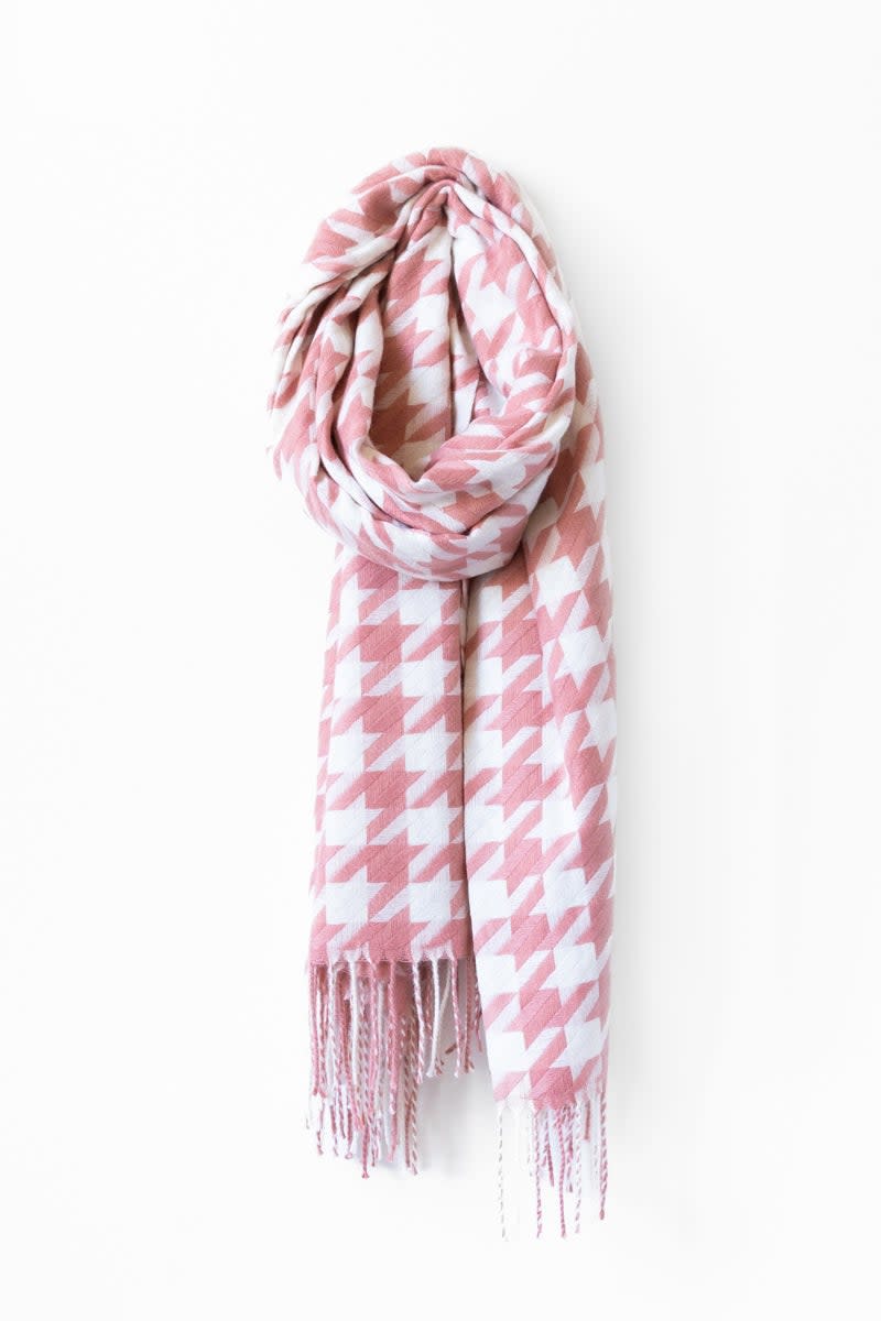 Caracol Houndstooth Scarf with Fringes Pink/White 6130-PNK