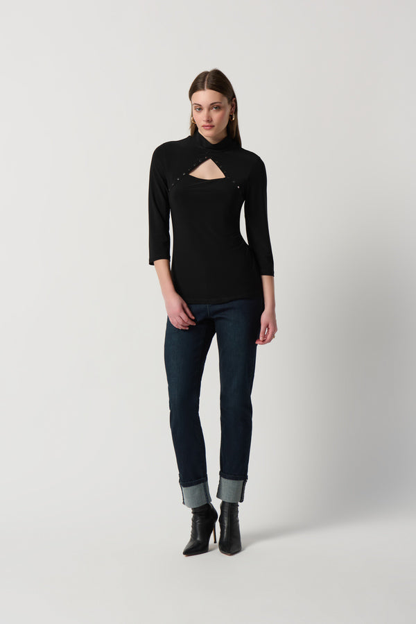 Joseph Ribkoff Silky Knit Top With Embellished Cutout Neckline Black 234195