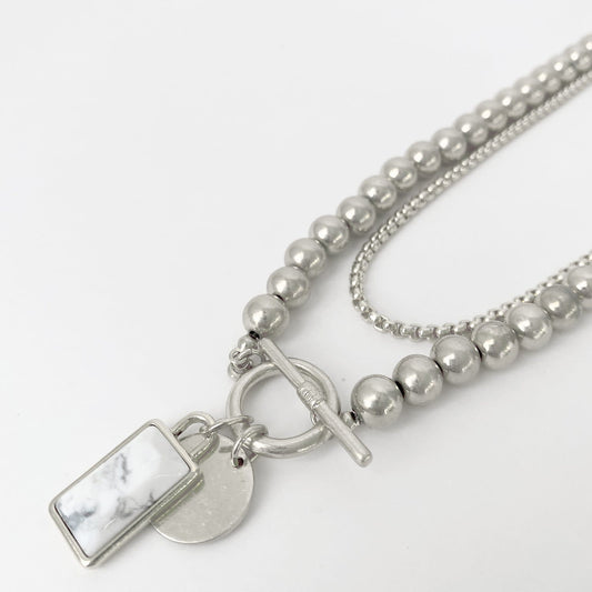 Caracol Two Separate Chains w/Natural Stone & Metal Charms Silver 1574-SLV