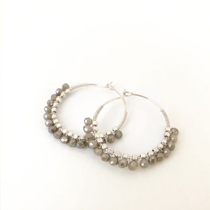 Caracol Silver Hoop Earrings w/Grey Glass Beads 2475-GRY-S