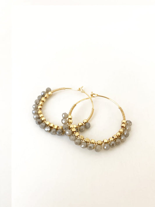 Caracol Gold Hoop Earrings w/Grey Glass Beads 2475-GRY-G
