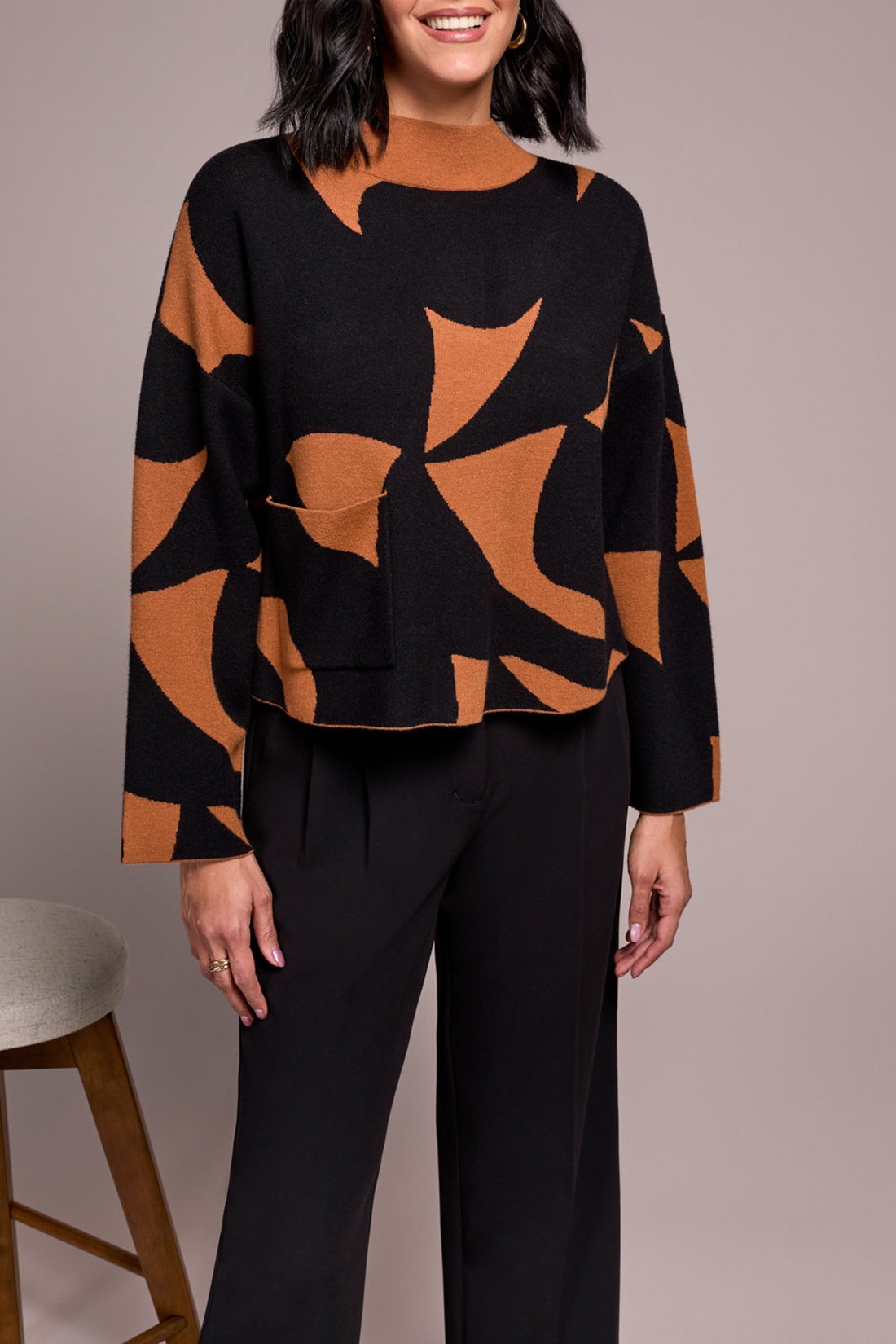 Tribal L/S Mock Neck Sweater w/Pocket Bran 23150-8277-3267