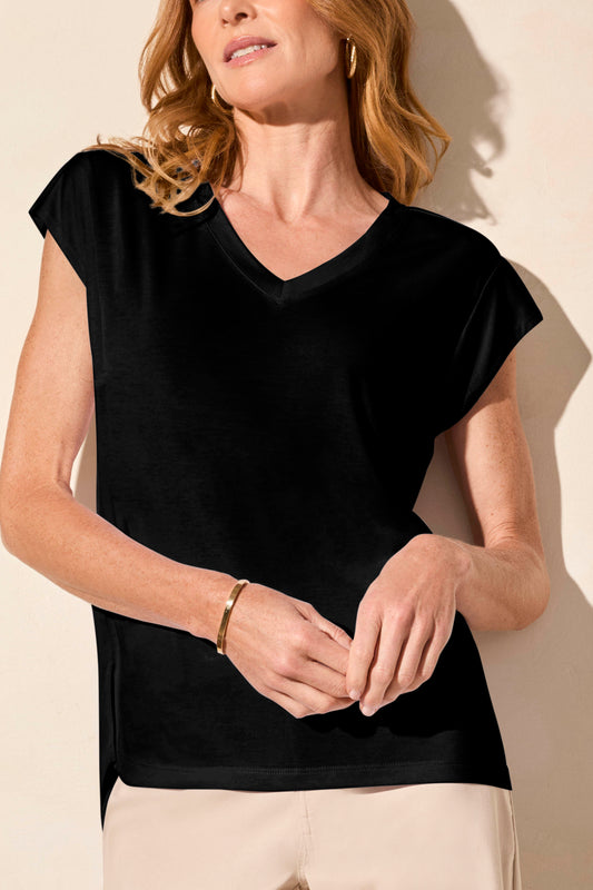 Tribal Cap Sleeve V-Neck Top Black 20340-2891-0002