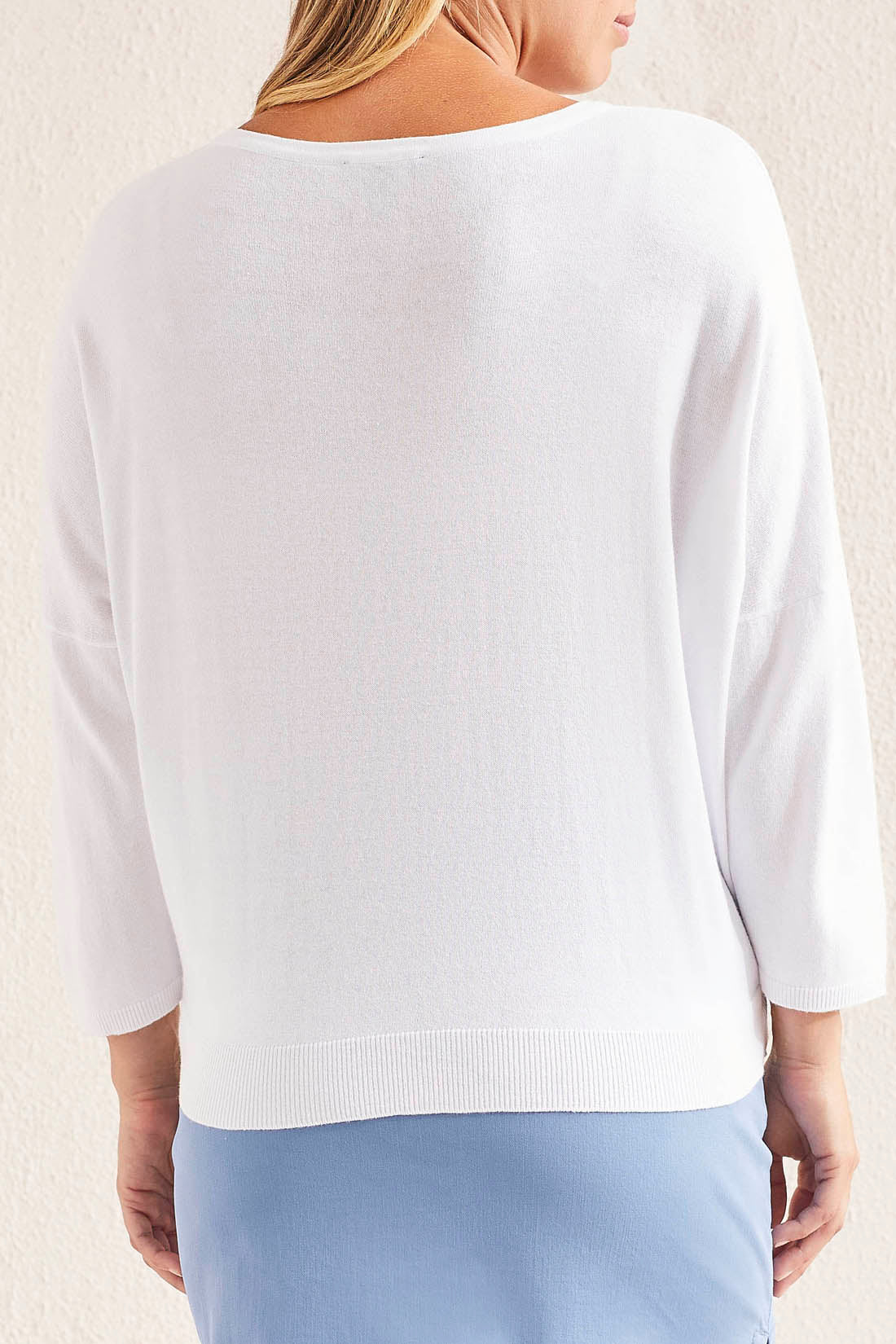 Tribal 3/4 Sleeve Scoop Neck Sweater w/Star Intarsia White 16930-6018-0001
