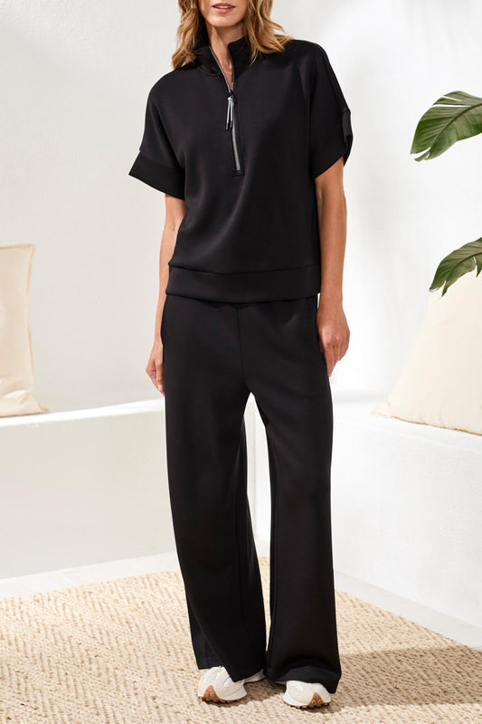 Tribal Short Sleeve Mock Neck Top w/Zipper Black 30190-3390-002